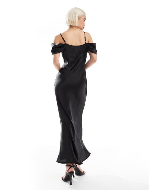New Look - Midaxi-jurk met bardothals van satijn in zwart, 2 van 4