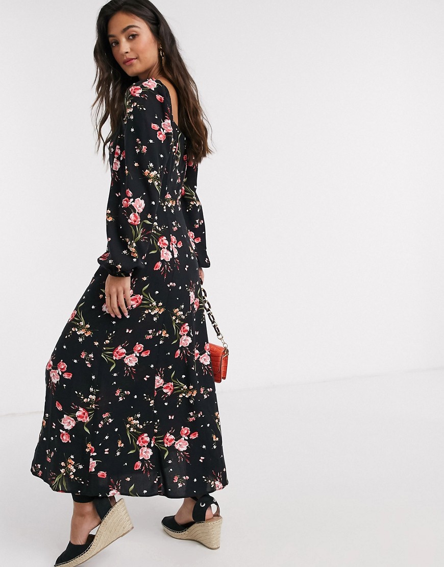 New Look - Midaxi-jurk met vierkante halslijn, pofmouwen en bloemenprint-Multi
