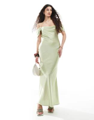 New Look - Midaxi-Kleid aus Satin in Salbeigrün mit Carmen-Ausschnitt