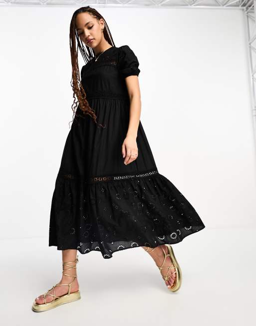 New Look – Midi-Hängerkleid mit Lochstickerei in Schwarz, 4 von 4