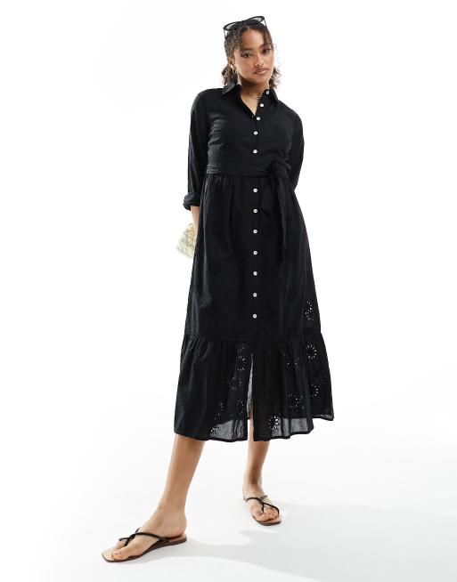 New Look – Midi-Hemdblusenkleid in Schwarz mit Lochstickerei