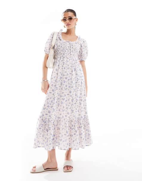 New Look - Midi jurk in melkmeisjes-stijl met pofmouwen en bloemenprint in roze - view 1