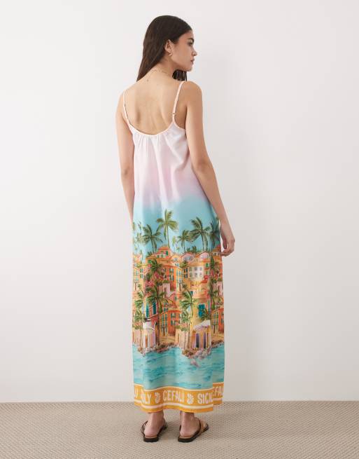 New Look - Midi jurk met bandjes en Sicily-print in geel, 4 van 4