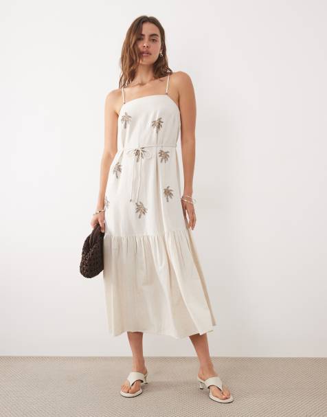 New Look - Midi jurk met geborduurde palmbomen en riem in crème - view 1