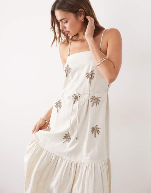 New Look - Midi jurk met geborduurde palmbomen en riem in crème, 2 van 4