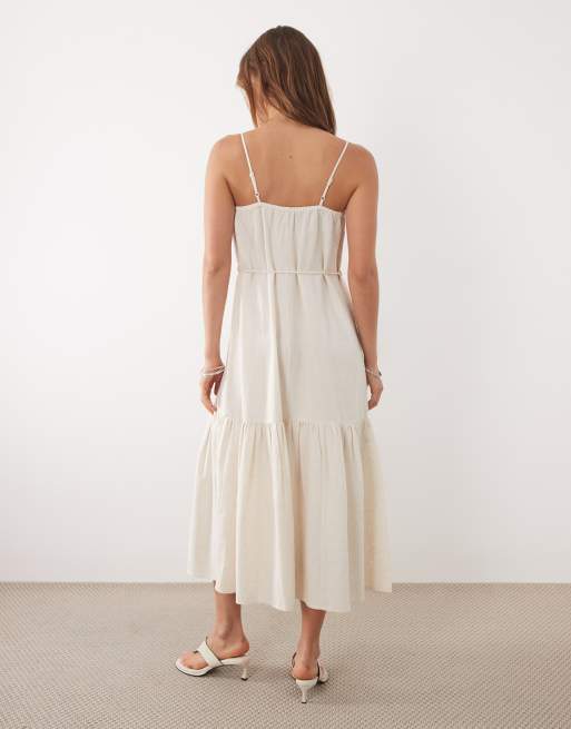 New Look - Midi jurk met geborduurde palmbomen en riem in crème, 4 van 4