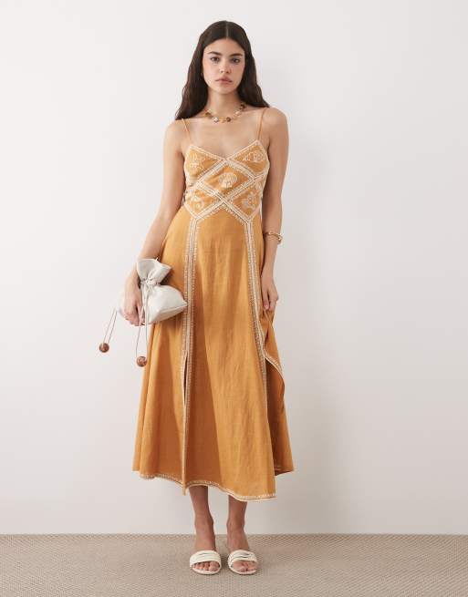 New Look - Midi jurk met geborduurde schelpen in geel, 2 van 4