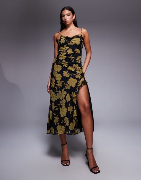 New Look - Midi jurk met gedrapeerde halslijn en bloemenprint in zwart - view 1
