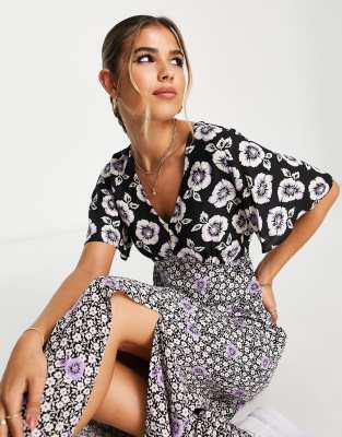 New Look - Midi jurk met gemengde bloemenprint en zijsplit in zwart