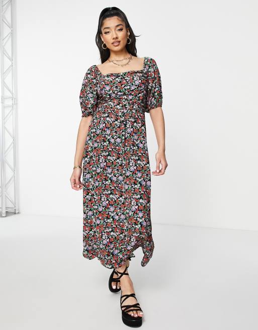 New Look Midi jurk met gerimpelde buste en zwarte bloemenprint