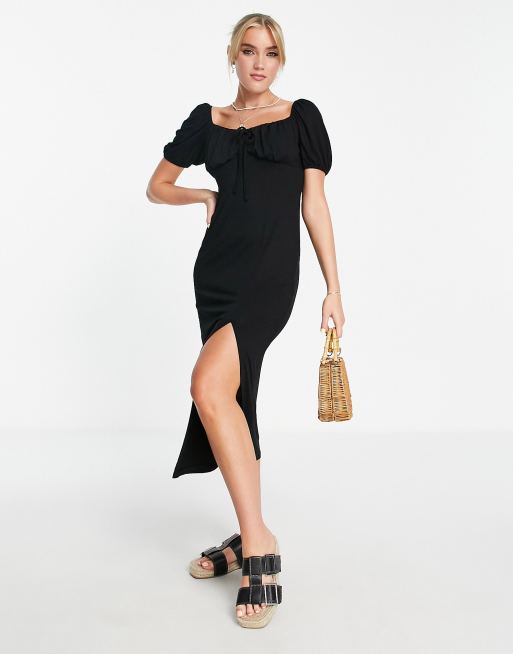 New Look - Midi-jurk met gerimpelde buste, pofmouwen en split aan de zijkant in zwart