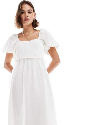 New Look - Midi jurk met gesmokte taille en pofmouwen in gebroken wit