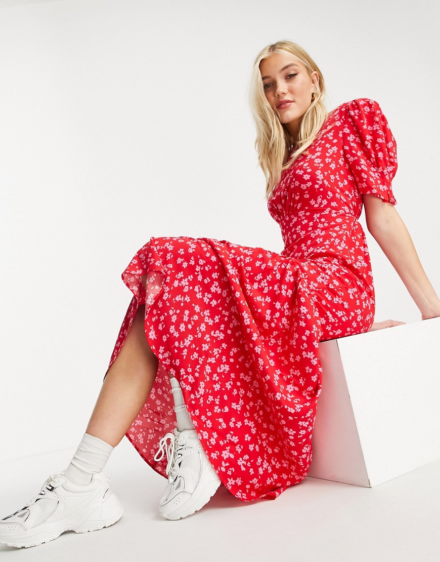 New Look - Midi jurk met gestrikte achterkant en ruches aan de mouwen in rode fijne bloemenprint-Rood