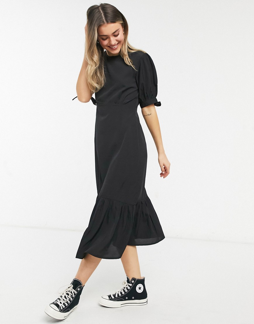 New Look - Midi jurk met gestrikte mouwen en volant langs zoom in zwart