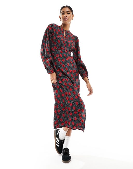 New Look - Midi jurk met keyhole-opening en lange mouwen in rozenprint