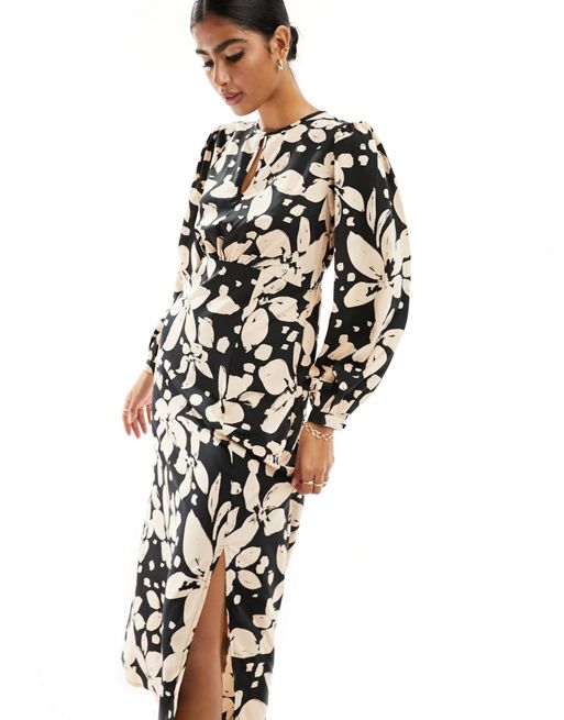 New Look - Midi jurk met lange mouwen, keyhole-opening en bloemenprint in zwart-wit