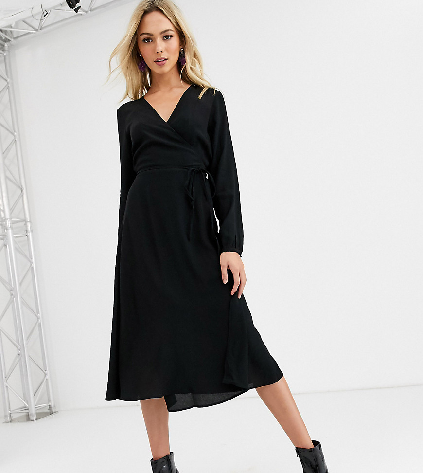 New Look - Midi-jurk met overslag en lange mouwen in zwart