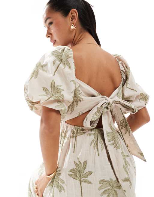 New Look - Midi jurk met palmenprint en pofmouwen in wit, 2 van 4