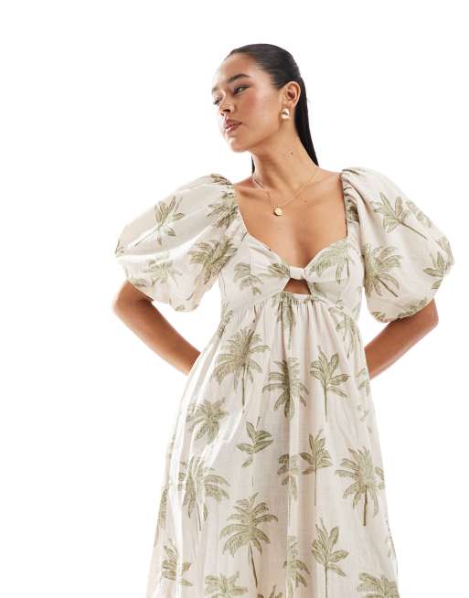 New Look - Midi jurk met palmenprint en pofmouwen in wit, 3 van 4