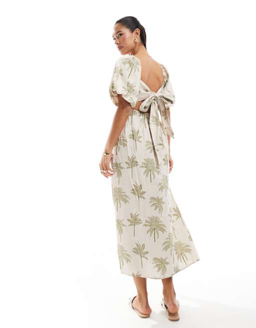 New Look - Midi jurk met palmenprint en pofmouwen in wit, 4 van 4