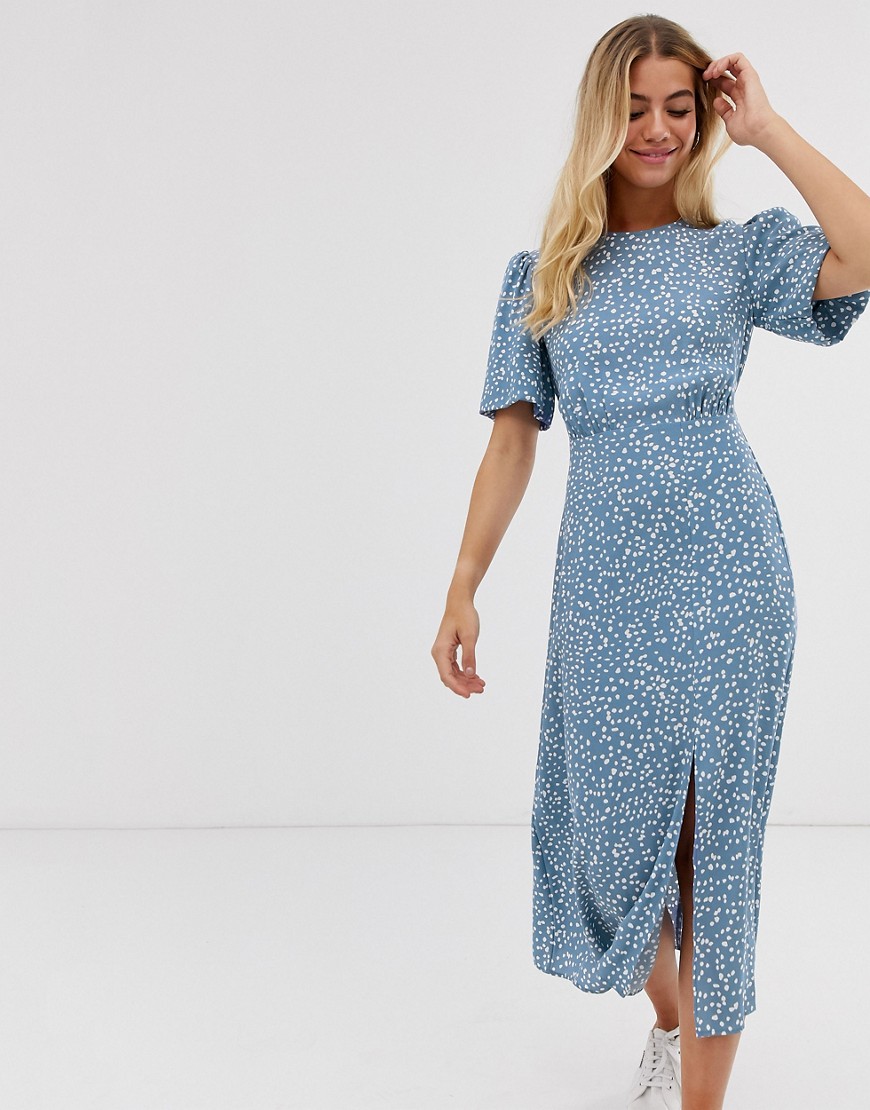 New Look - Midi-jurk met pofmouwen en blauwe stippenprint