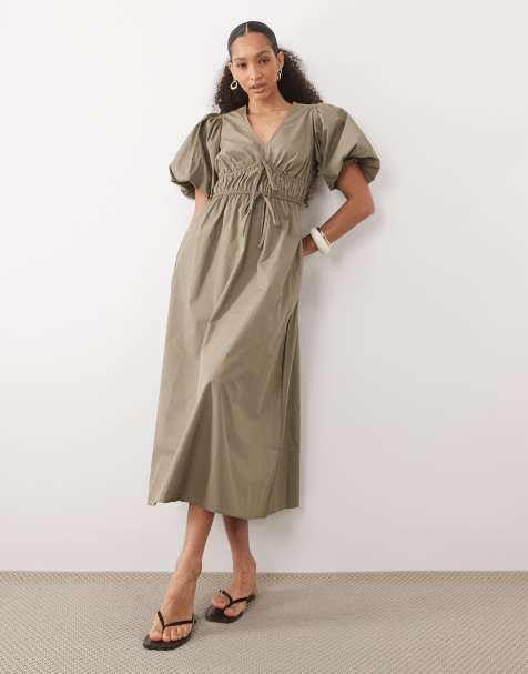 New Look - Midi jurk met pofmouwen en V-hals in donker kaki - view 1