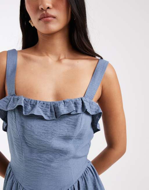 New Look - Midi jurk met ruches en bandjes in blauw, 3 van 4