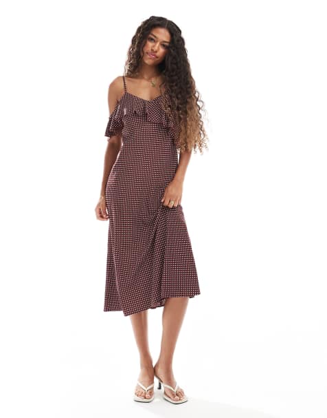 New Look - Midi jurk met ruches en stippen in bruin - view 1