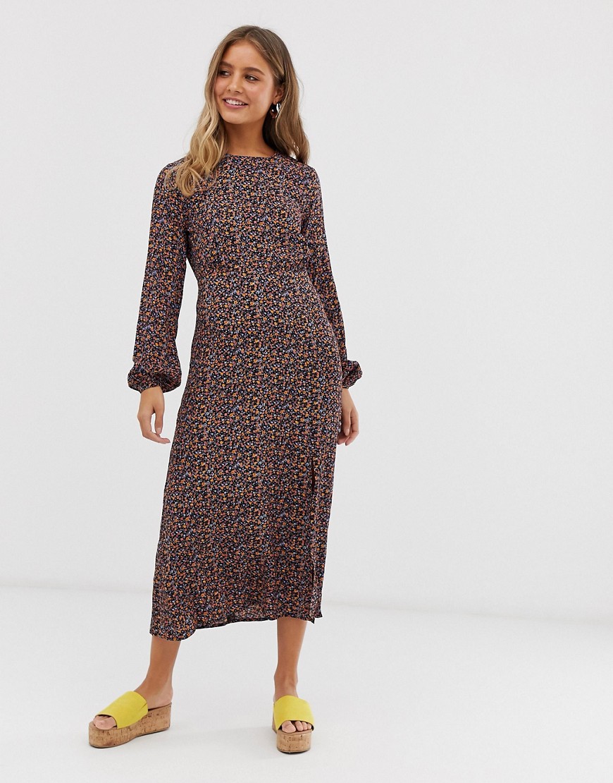 New Look - Midi-jurk met split, lange mouwen en donkere bloemenprint-Wit