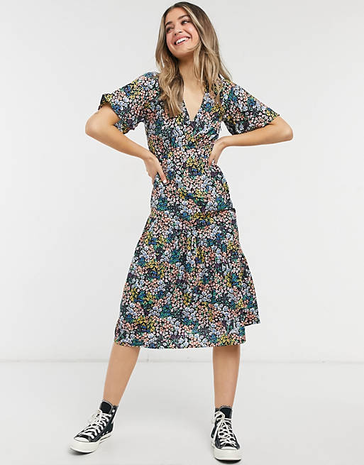 New Look - Midi jurk met stroken in gemengde fijne bloemenprint