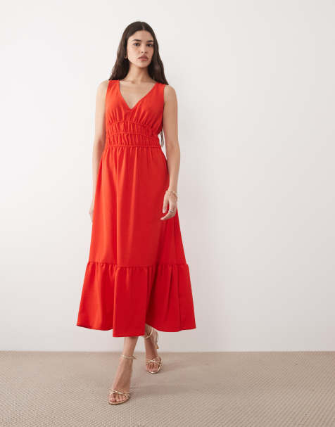 New Look - Midi jurk met V-hals en gerimpelde taille in rood - view 1