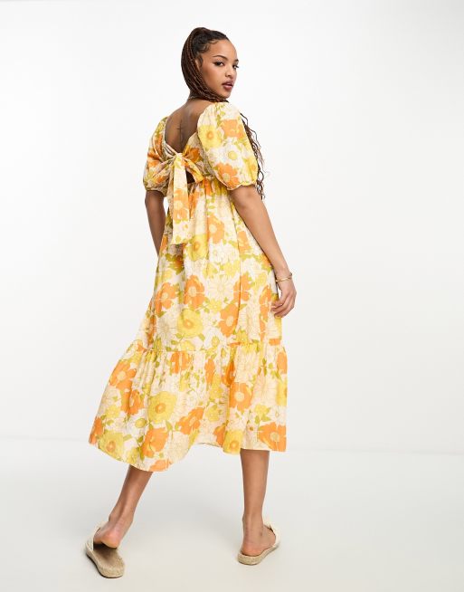 New Look Midi jurk met vierkante halslijn en stroken in oranje retroprint
