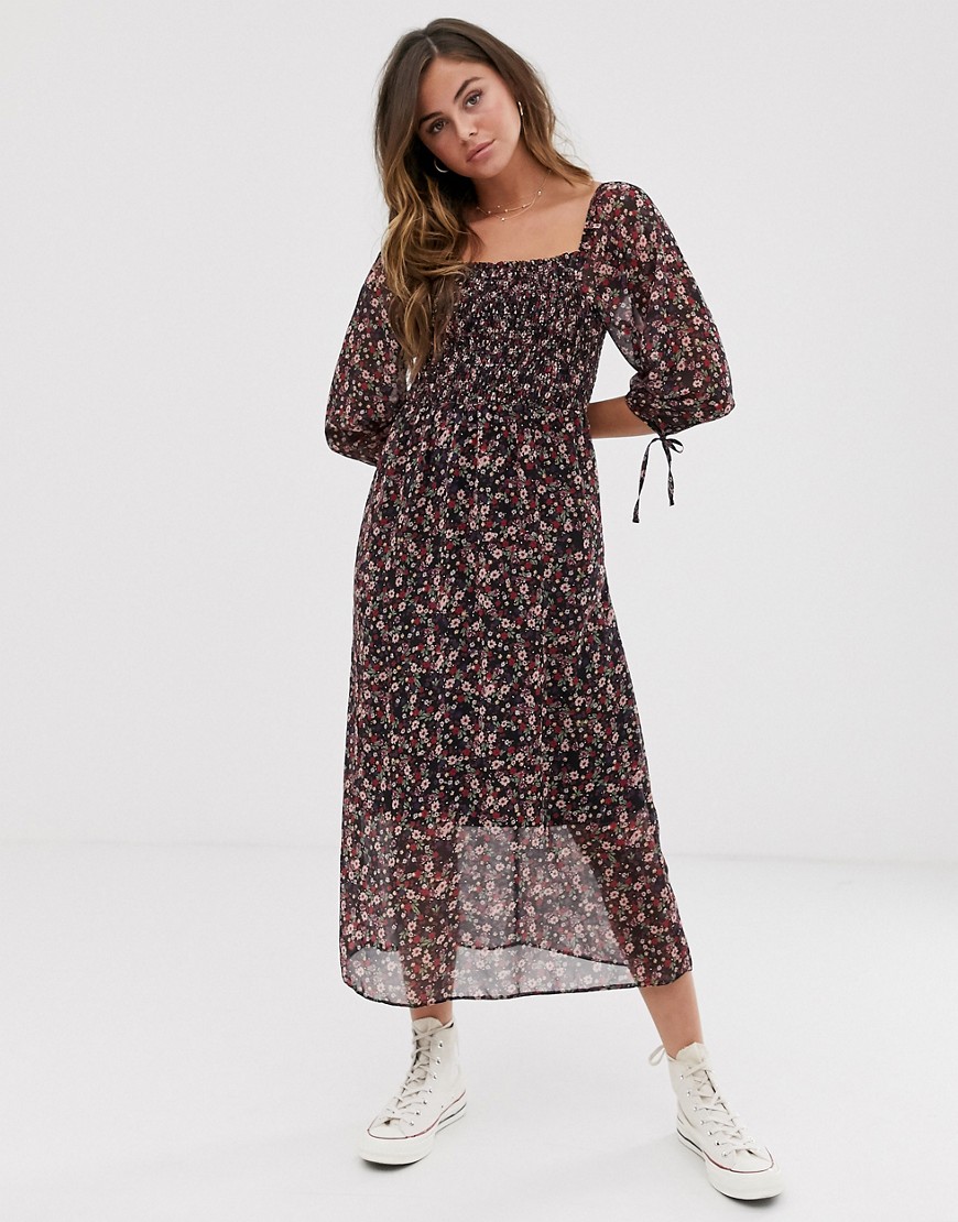 New Look - Midi-jurk met vierkante halslijn, smokwerk en fijne bloemenprint-Multi