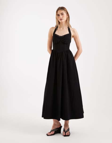 New Look - Midi jurk van bengaline met halternek en kanten rand in zwart - view 1