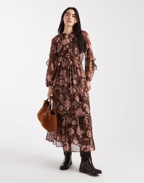 New Look - Midi jurk van chiffon met patroon in bruin - view 1