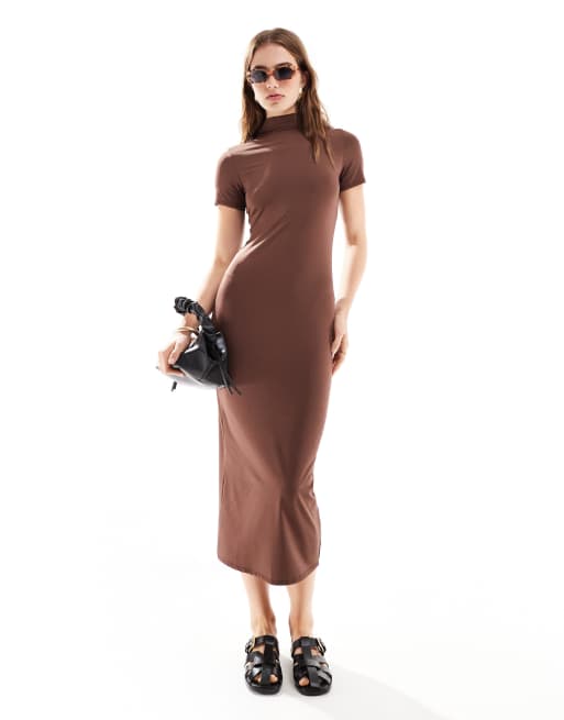 New Look - Midi jurk van gladde stof met col in bruin, 2 van 4