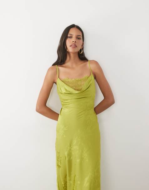 New Look - Midi jurk van jacquard en kant met smalle bandjes in groen - view 1