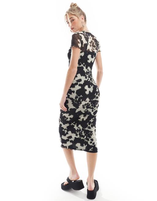 New Look - Midi-jurk van mesh met koeienprint in zwart, 3 van 4