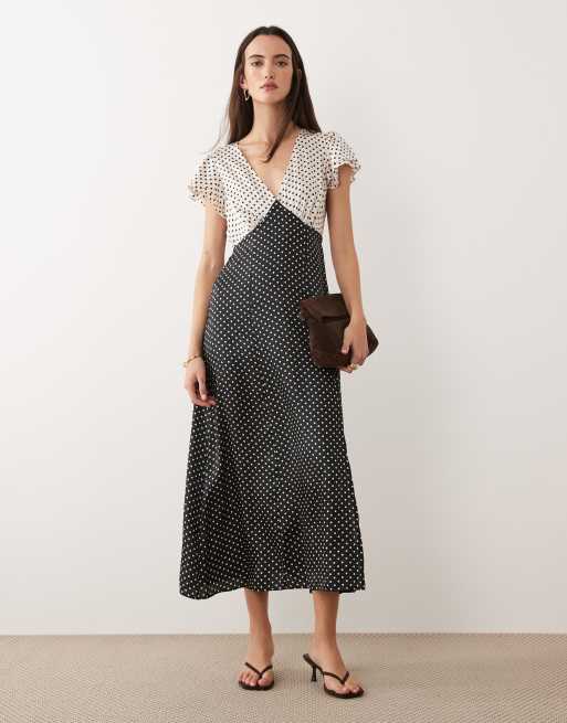New Look - Midi jurk van satijn met gemengde stippen in zwart, 2 van 4
