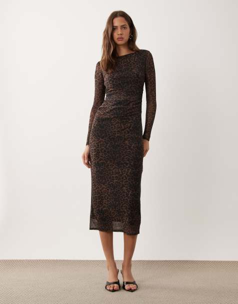 New Look midi-kjole i mesh med rynkedetaljer og brun leopardprint - view 1