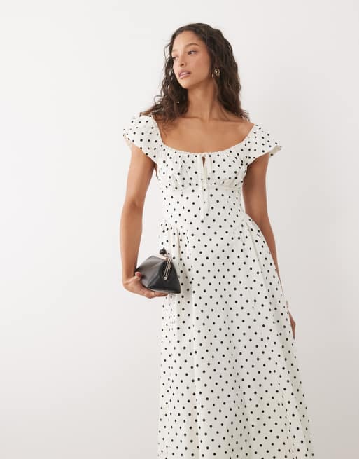 New Look - Midi melkmeisjesjurk met stippen in crème, 2 van 4