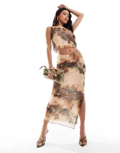 New Look midi mesh skirt in blurred orange print - view 1
