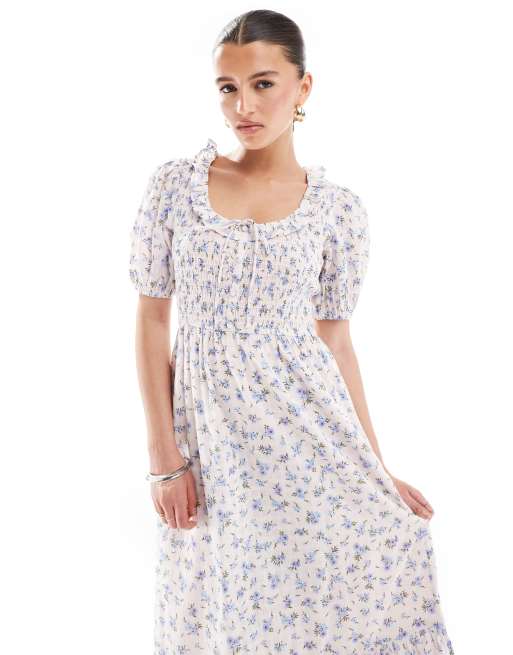 New Look – Midi-Milchmädchenkleid in Rosa mit Puffärmeln und Blumenmuster, 4 von 4