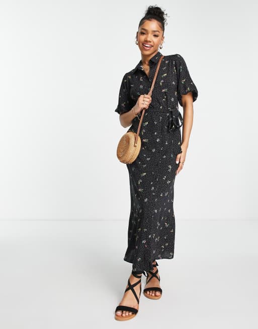 New Look - Midi overhemdjurk in zwart met bloemenprint