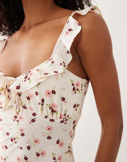 New Look – Midi-Riemchenkleid in Cremeweiß mit Rüschen und Blumenmuster, 4 von 4