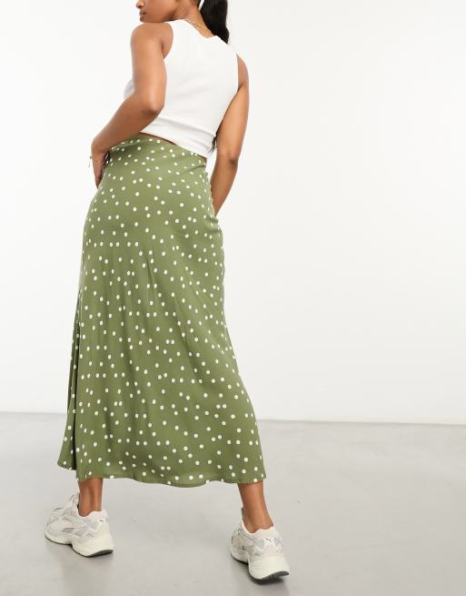 New Look - Midi-rok met split aan de zijkant in groen met polkadots, 3 van 4