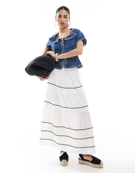 New Look - Midi-rok met stroken en rikrak randen in wit - view 1