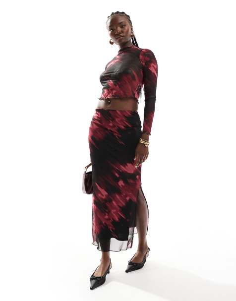 New Look - Midi rok van mesh met rood patroon - view 1