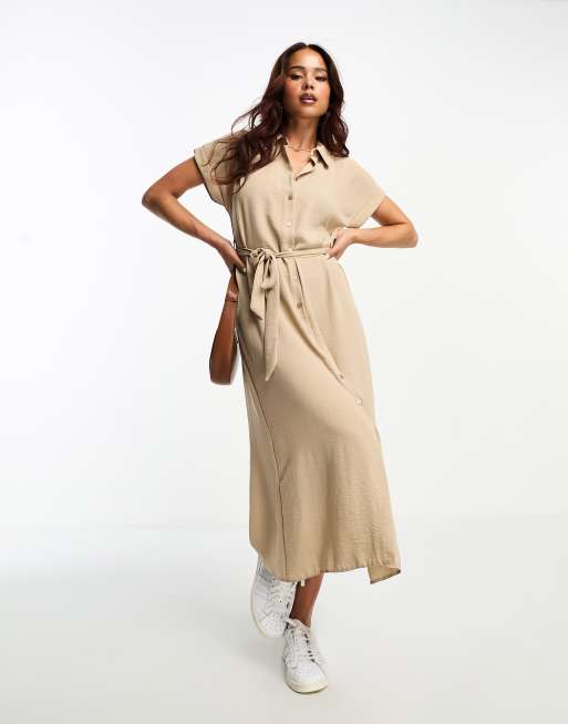 Midi shirt dress with belt - Beige