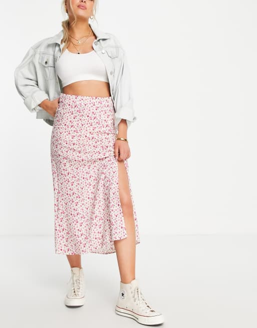 New Look midi skirt with side split in rose floral ASOS